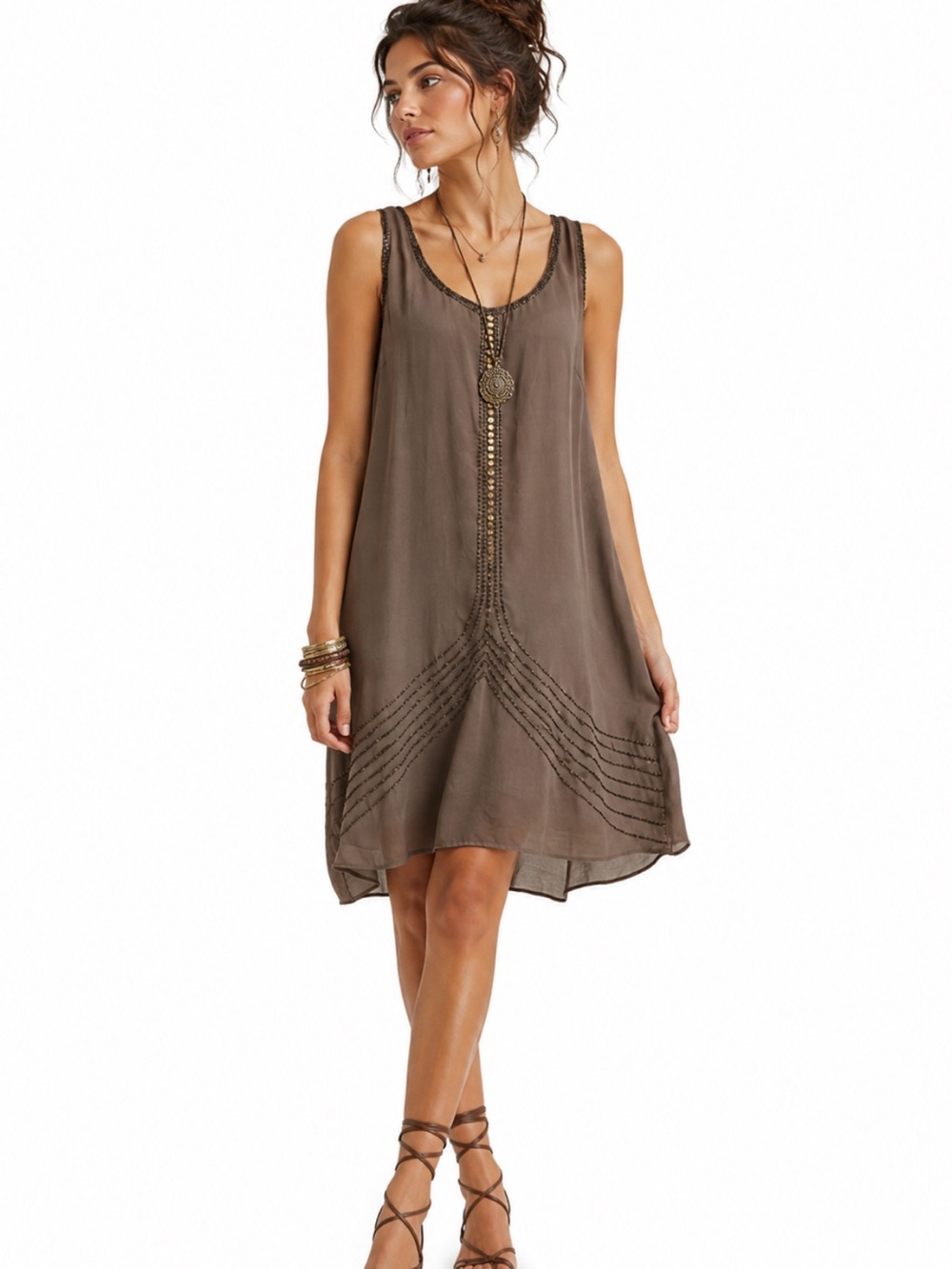 Ark & Co Taupe Flapper Dress with Sequin & Bead Accents